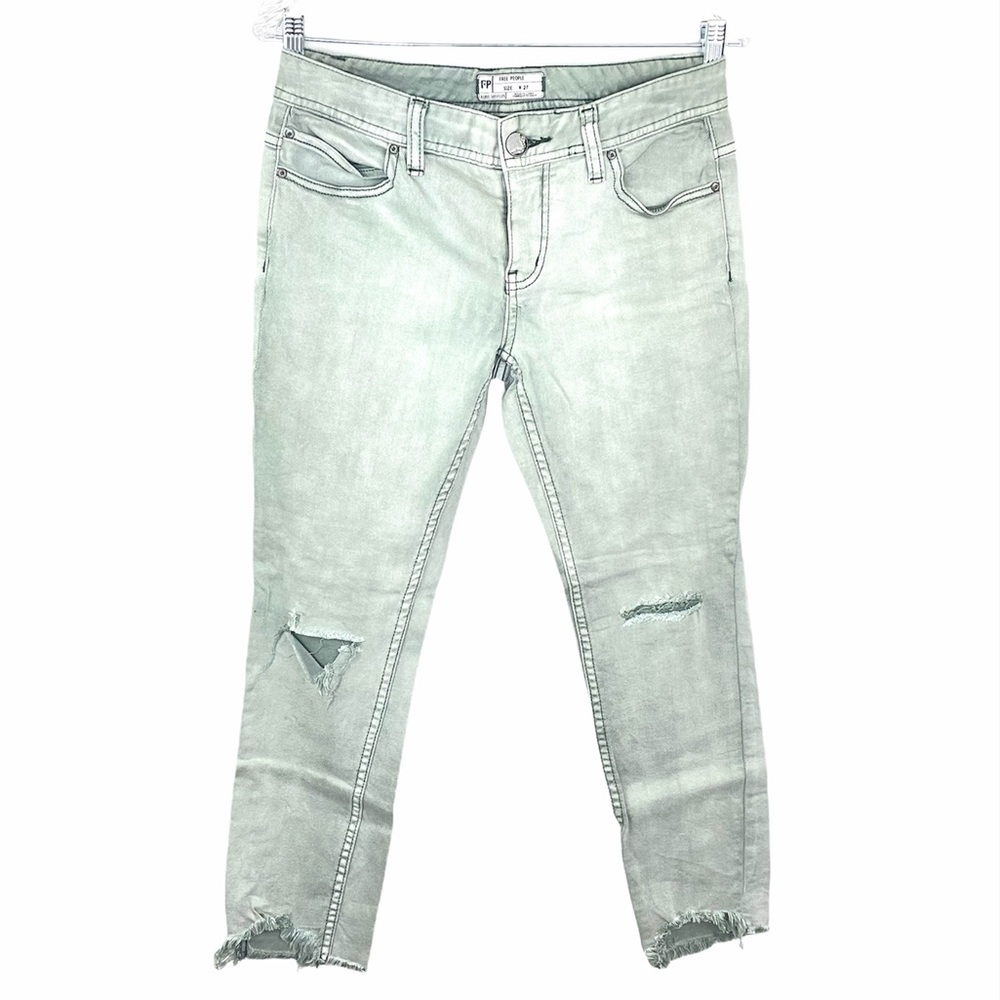 Free People Light Green Faded Distressed Ankle Cropped Frayed Hem Jeans 27